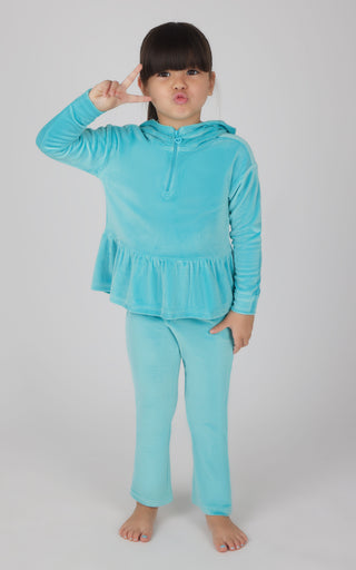Toddler Girls Velour Tiara Peplum Half Zip Hoodie Jacket + Toddler Girls Velour Flare Pant + Scrunchie Set - 90 Degree by Reflex