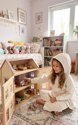 Little girl wearing a cream hooded half-zip pullover and matching flared pants, with a small coin purse nearby.