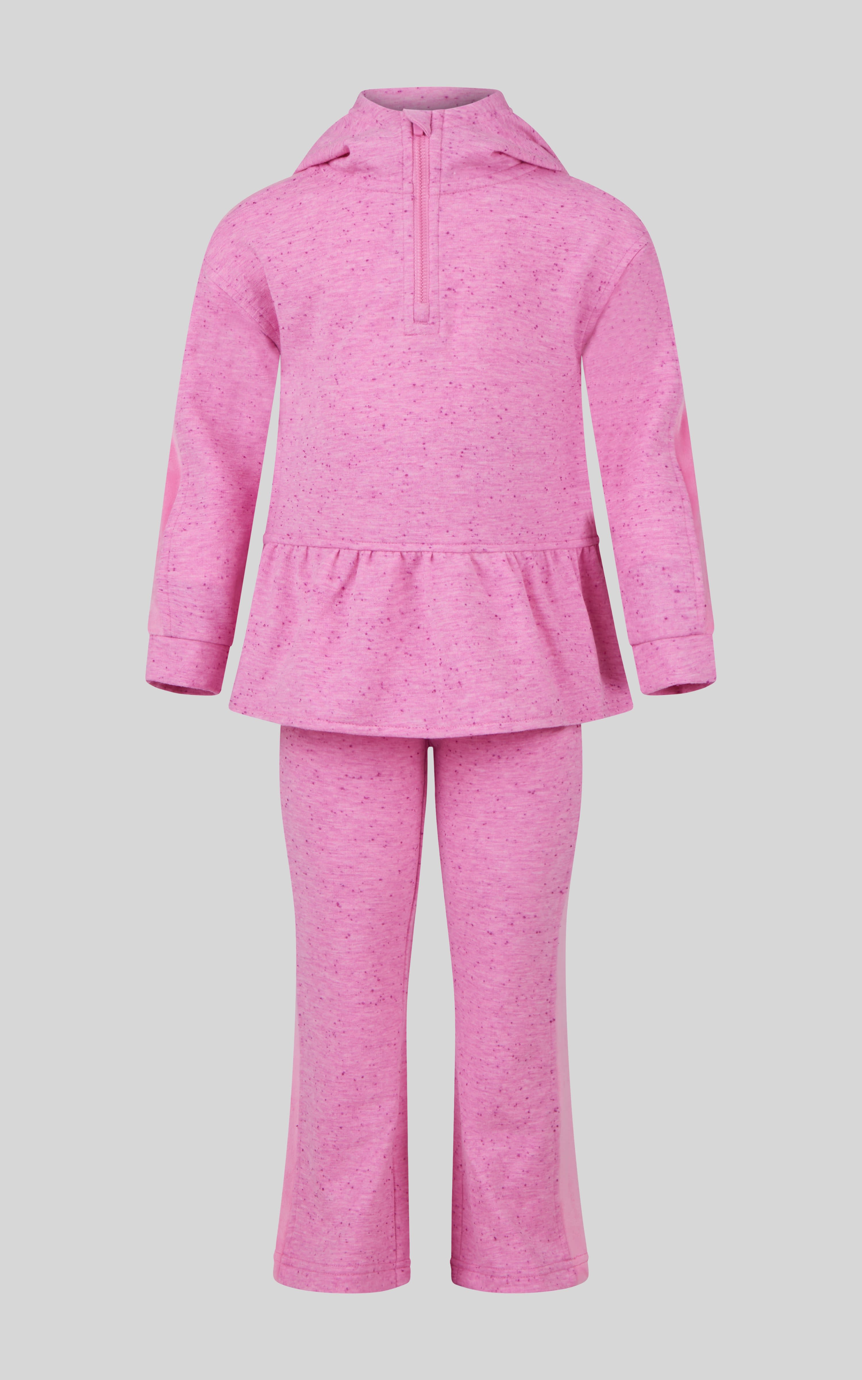 Girls fuchsia pink confetti half-zip pullover with peplum hem and matching flared pants.