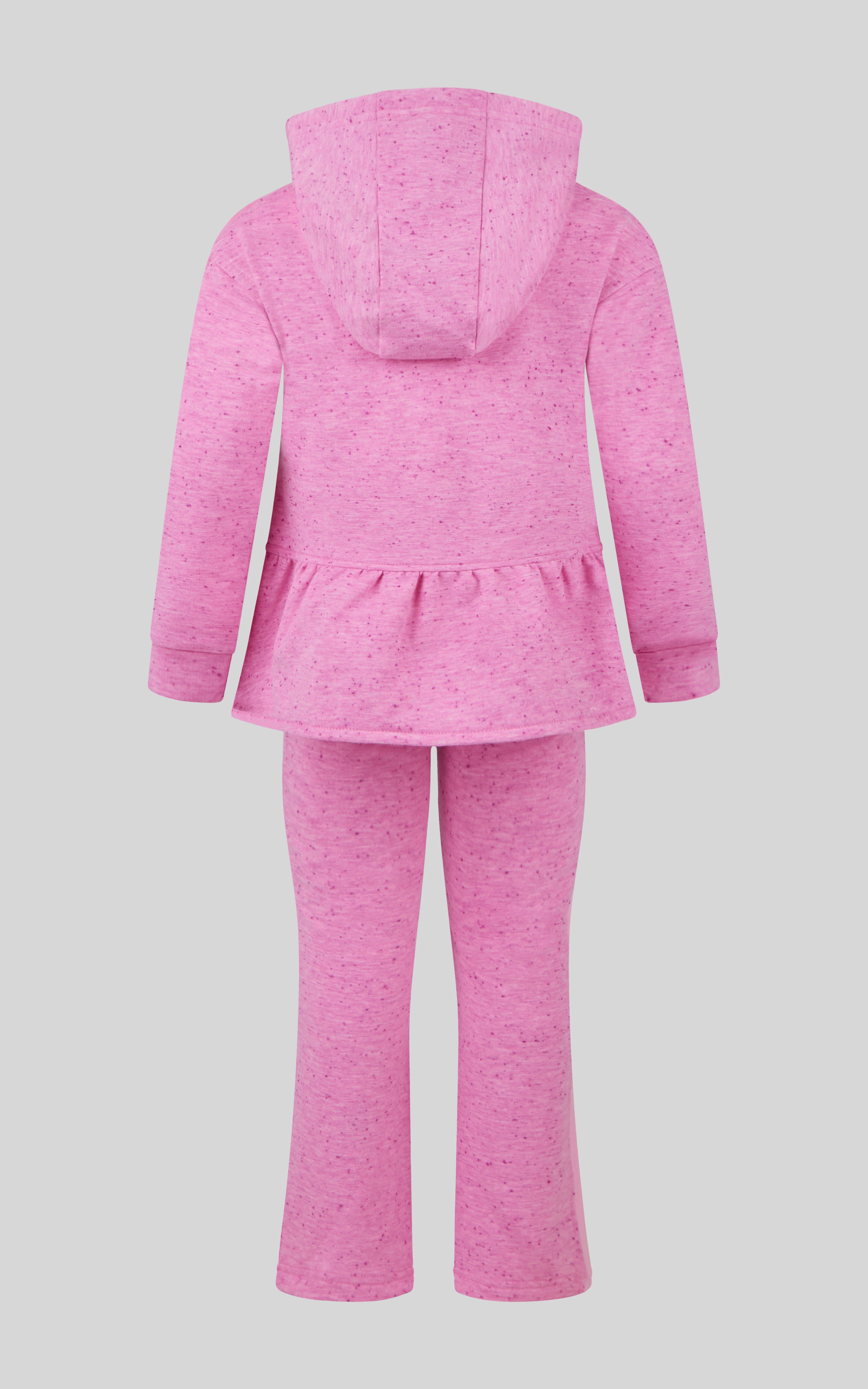 Girls fuchsia pink confetti pullover with hood, peplum hem, and matching flared pants set.