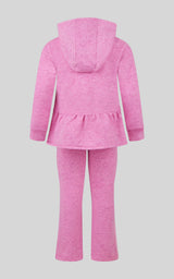 Girls fuchsia pink confetti pullover with hood, peplum hem, and matching flared pants set.