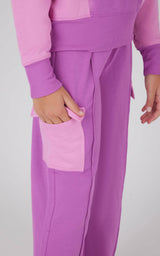Girls 2 PC Terry Brushed Color Block Sweatshirt and Wide Leg Sweatpant