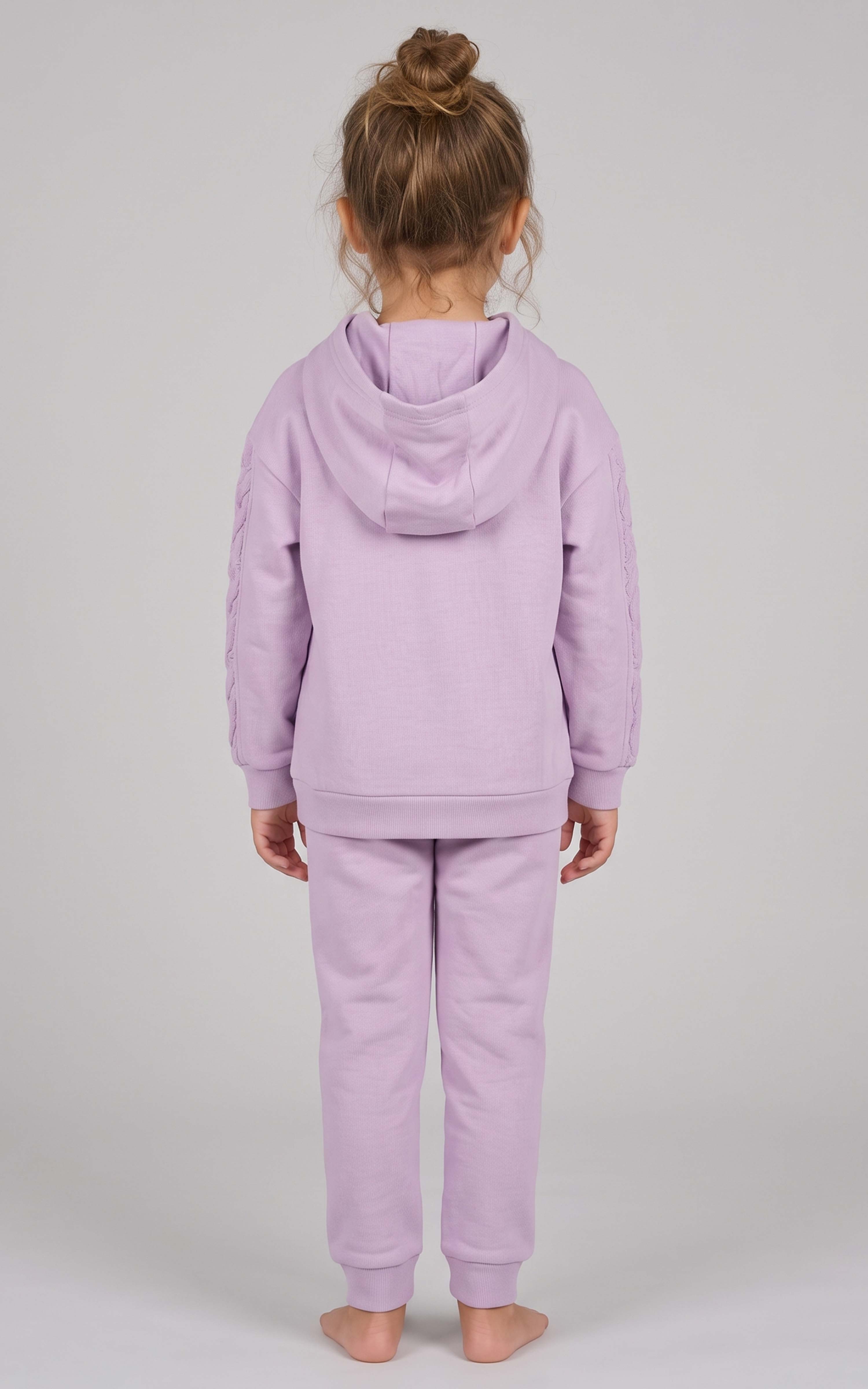 Toddler wearing a soft lavender brushed-terry hoodie and tapered joggers, shown from behind.