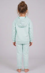 Back view of a mint green brushed-terry toddler hoodie and tapered joggers set with a hood and long sleeves.