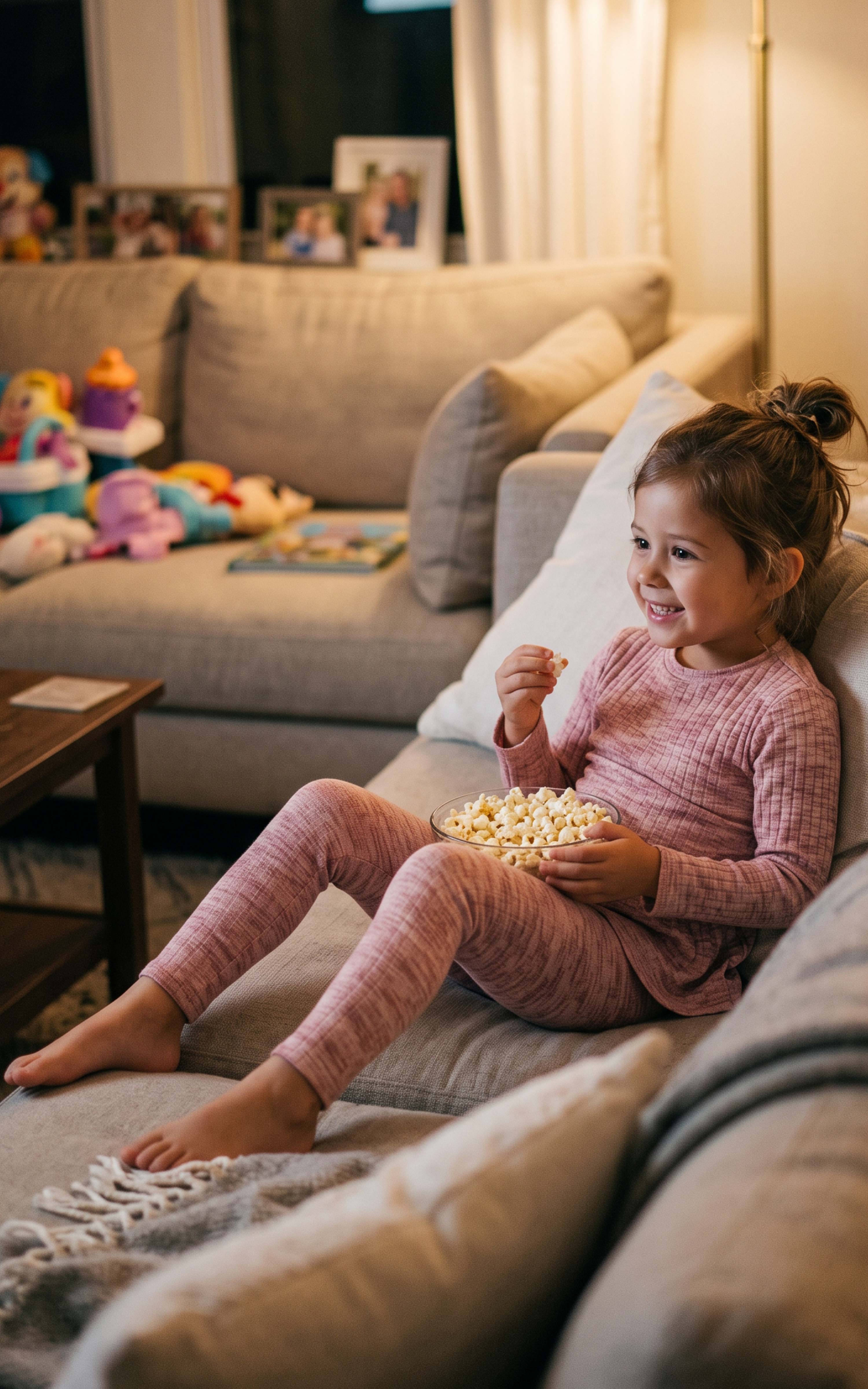 Girl wearing a dusty pink ribbed peplum pullover and matching ankle-length leggings, seated on a sofa.