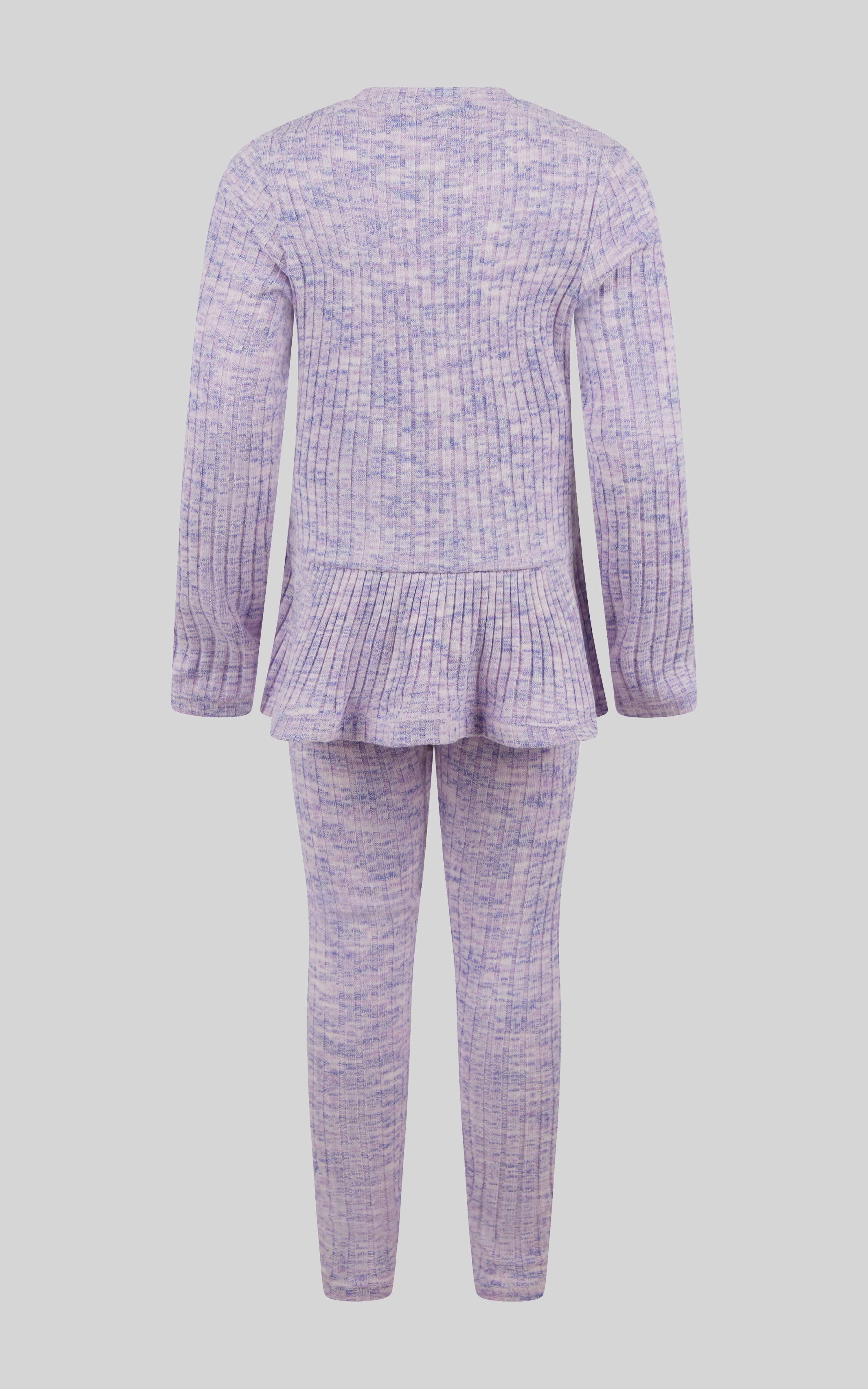 Girls lavender ribbed space dye pullover with peplum hem and matching leggings set.