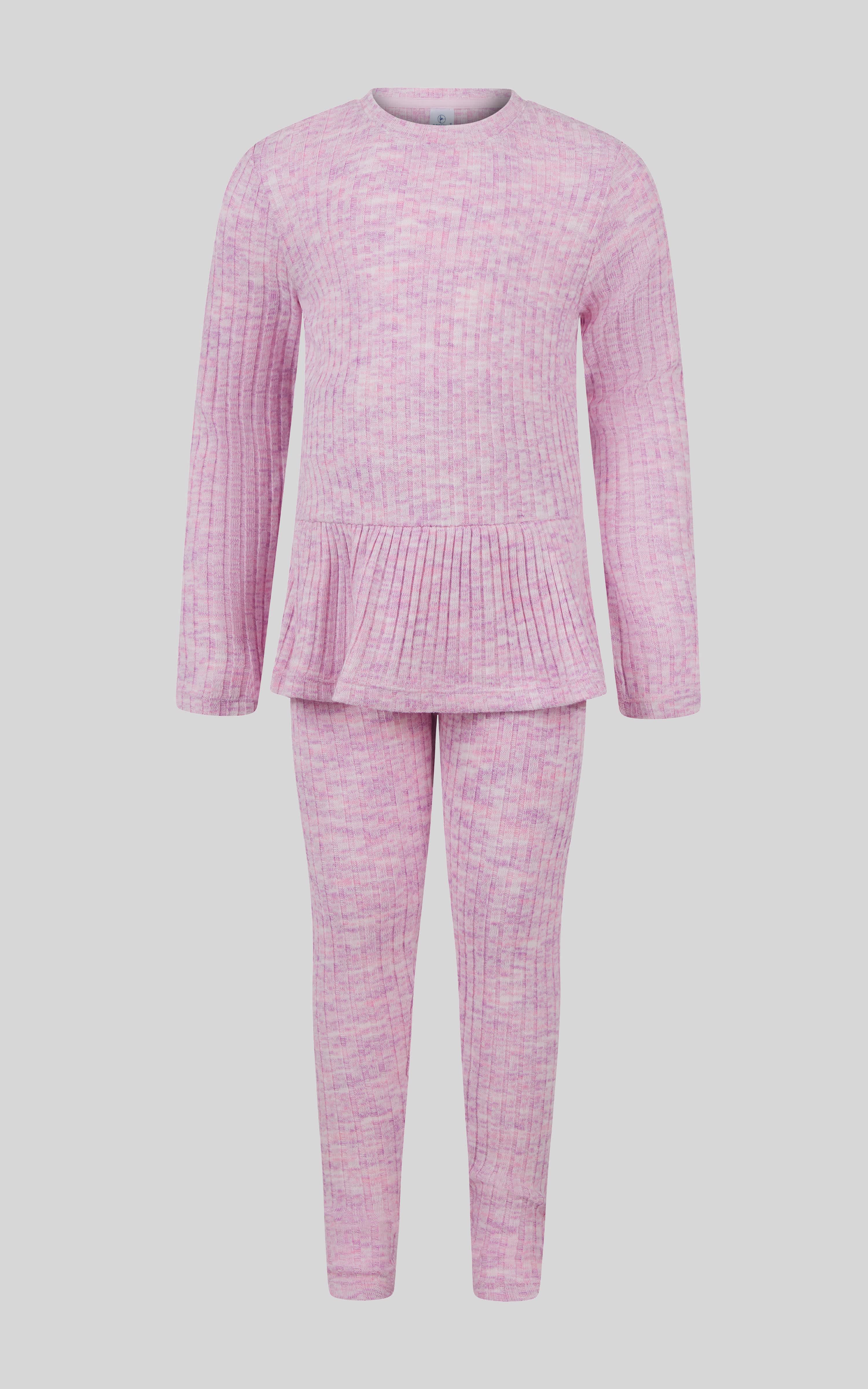Girls ribbed lavender space dye peplum pullover with matching leggings set.