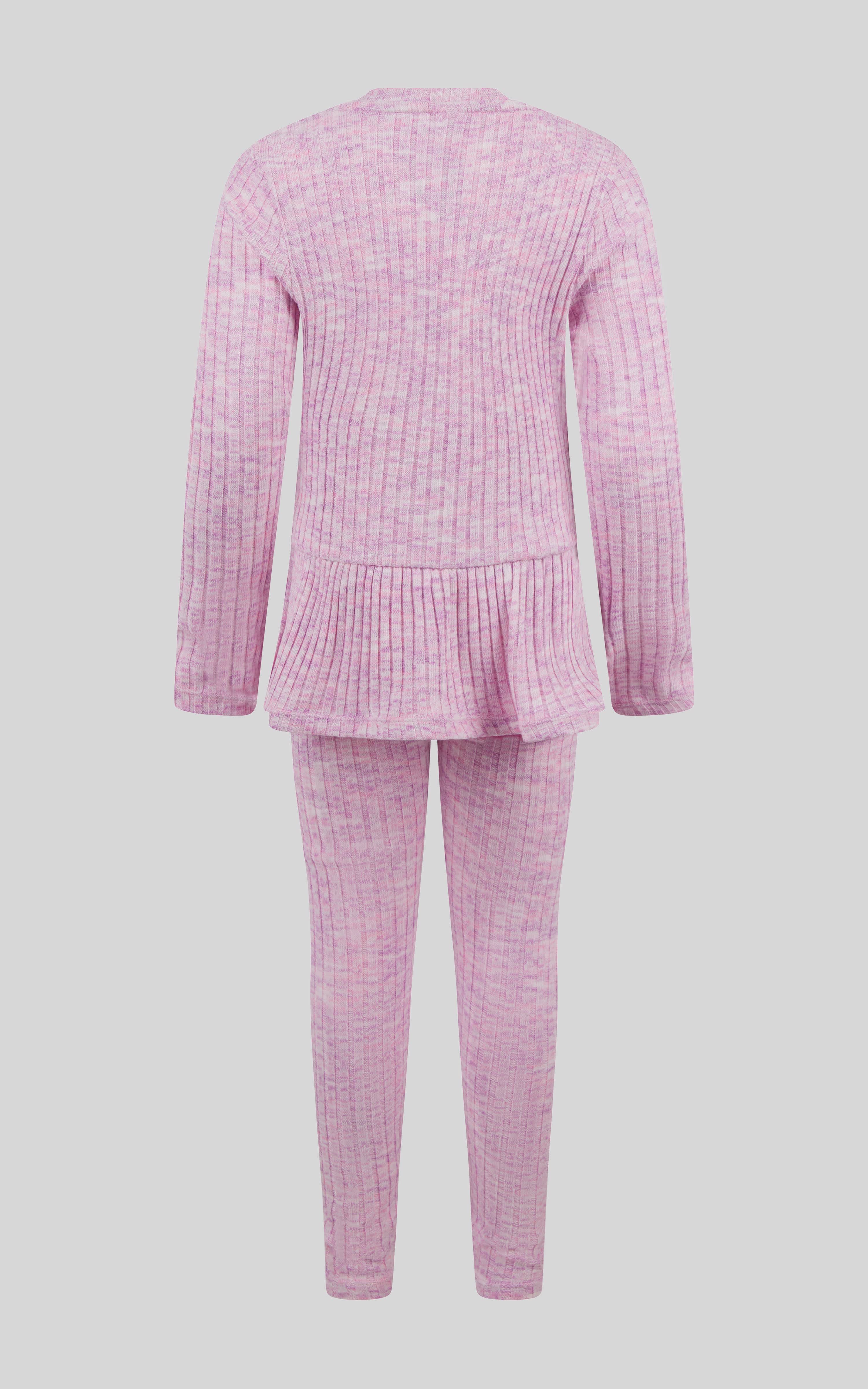 Girls pink frosting ribbed peplum pullover with matching space dye leggings set.