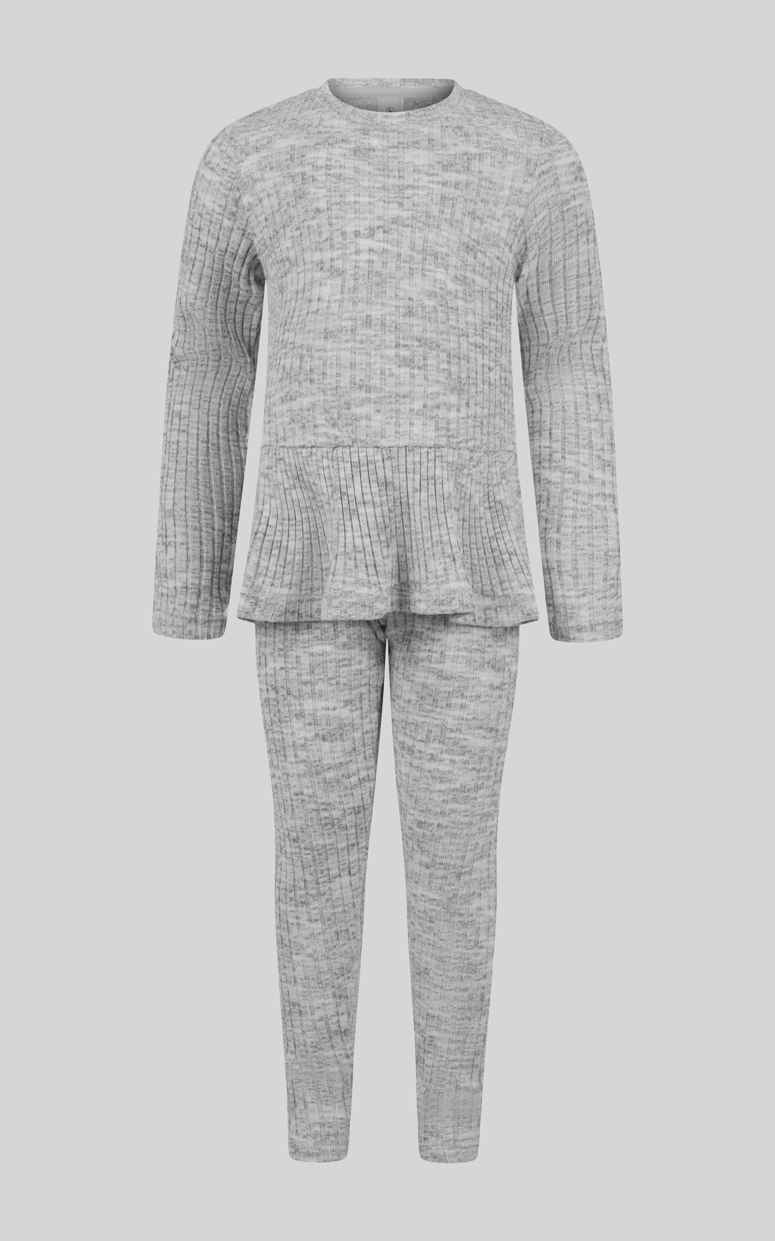 Light gray ribbed peplum pullover with matching leggings in a soft space dye knit.