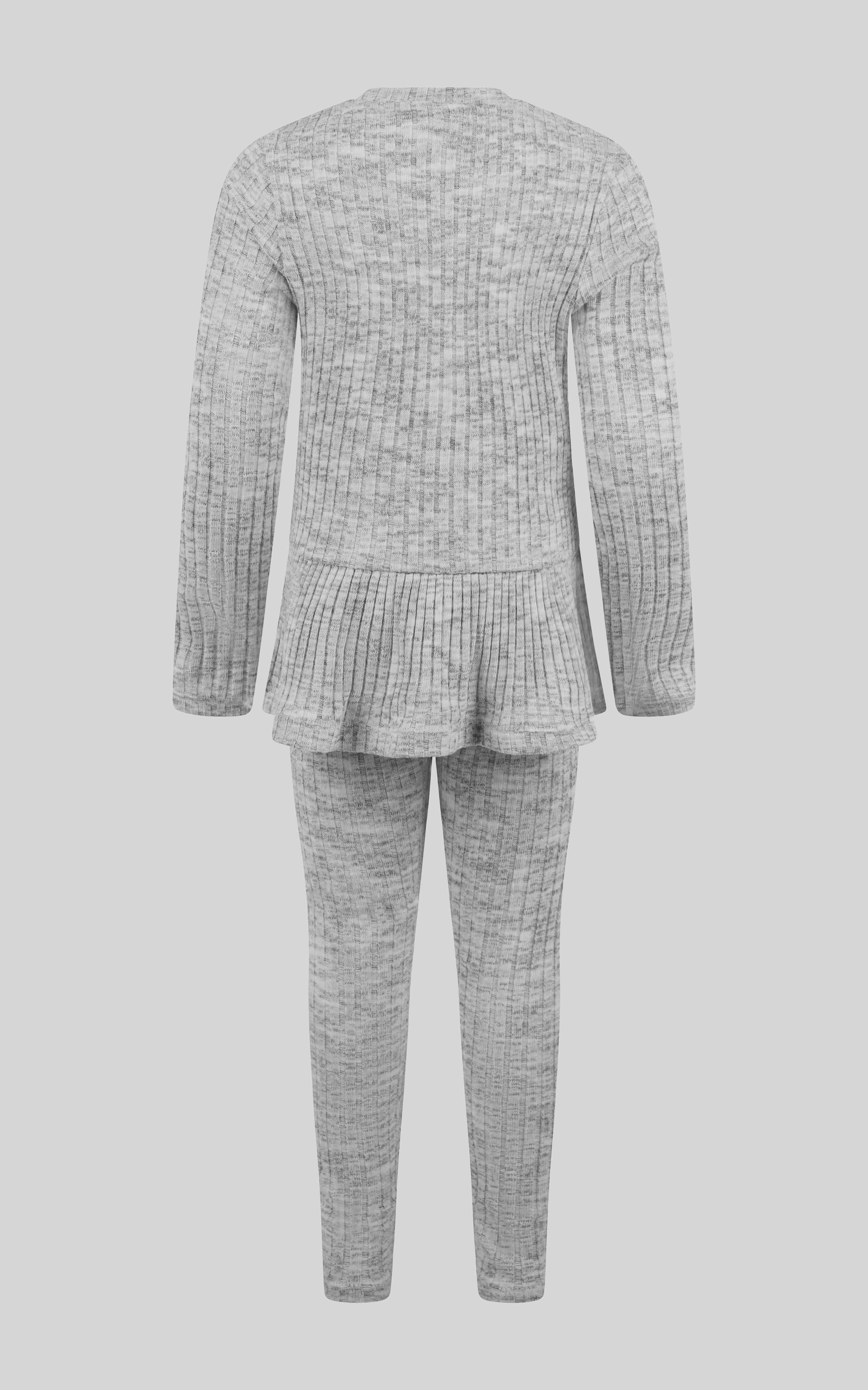Girls gray ribbed space dye pullover with peplum hem and matching leggings set.