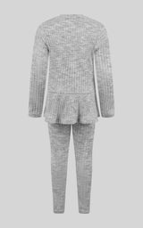 Girls gray ribbed space dye pullover with peplum hem and matching leggings set.