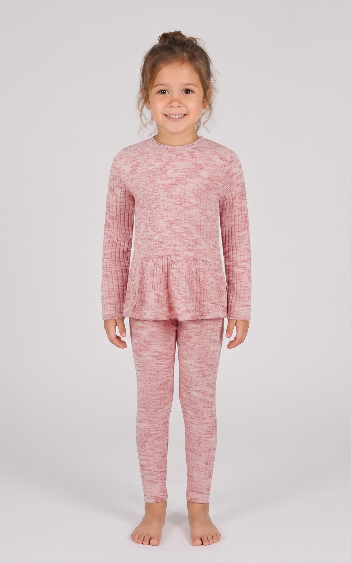 Girls pink frosting ribbed peplum pullover with matching space dye leggings set.