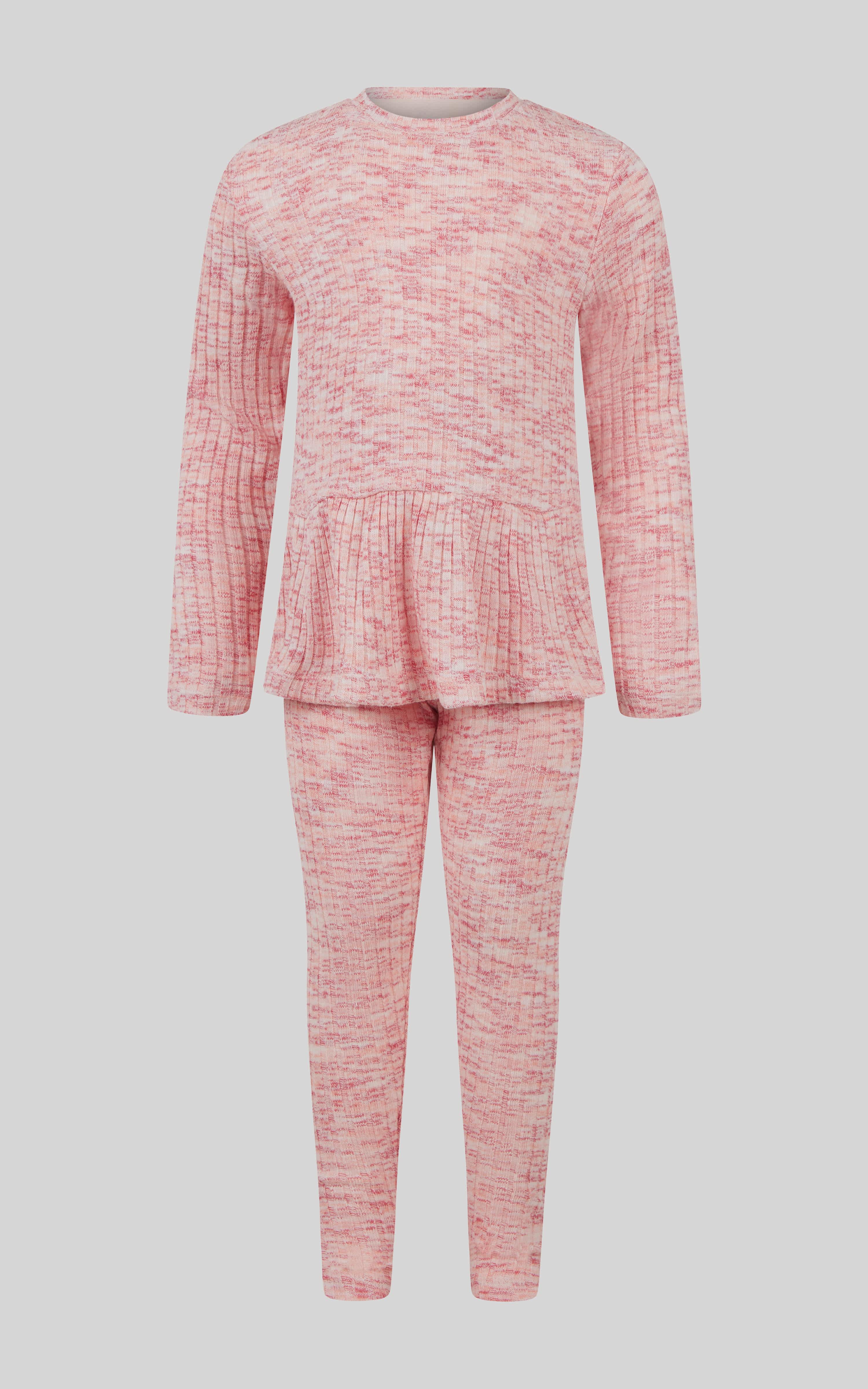 Girls pink ribbed space dye peplum pullover with matching leggings set.