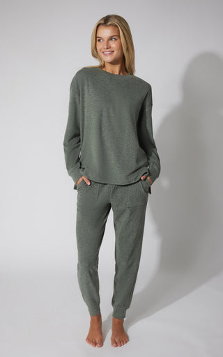 2 PC Marled Pique Oversized Crew Neck Sweatshirt and Slim Fit Jogger Set