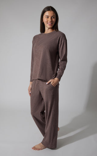 2 PC Marled Pique Oversized Crew Neck Sweatshirt and  Wide Leg Pant Set
