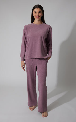 2 PC Marled Pique Oversized Crew Neck Sweatshirt and  Wide Leg Pant Set