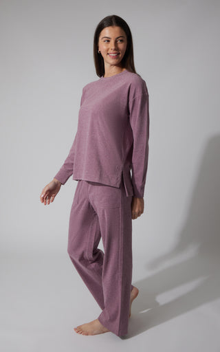 2 PC Marled Pique Oversized Crew Neck Sweatshirt and  Wide Leg Pant Set