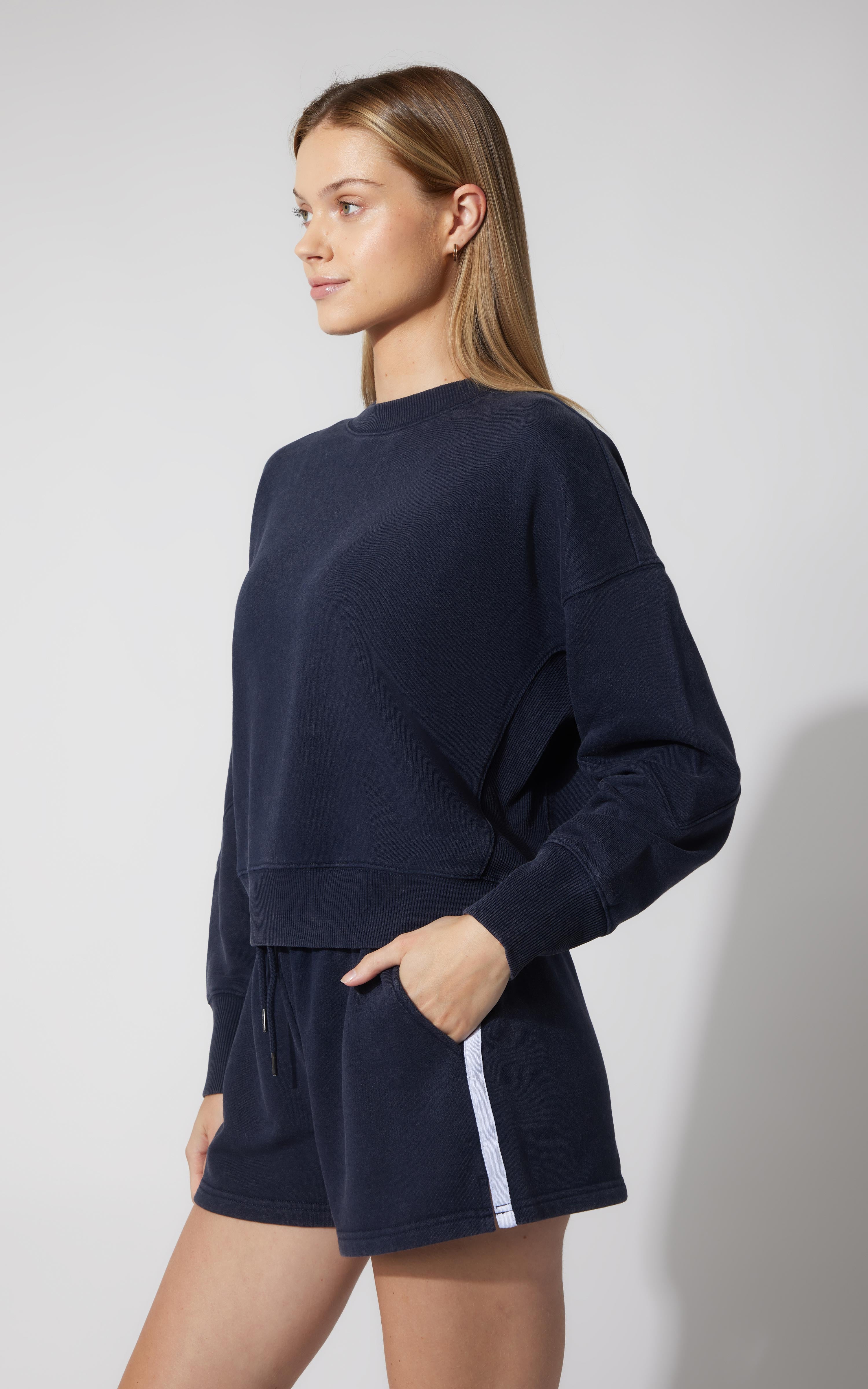 3 PC Washed Loop Terry Crew Neck Long Sleeve + High Waist Short + Sock Set