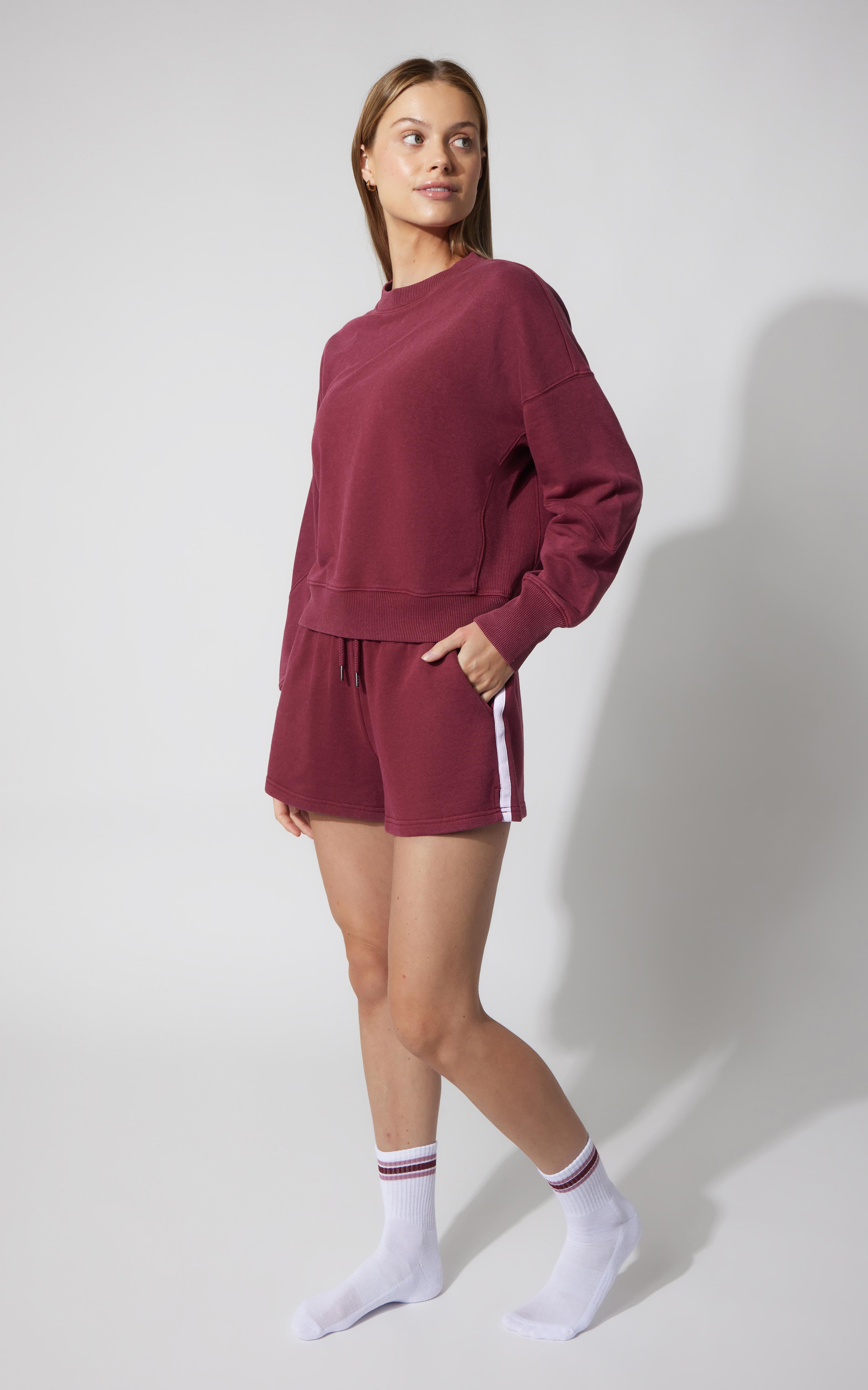 3 PC Washed Loop Terry Crew Neck Long Sleeve + High Waist Short + Sock Set