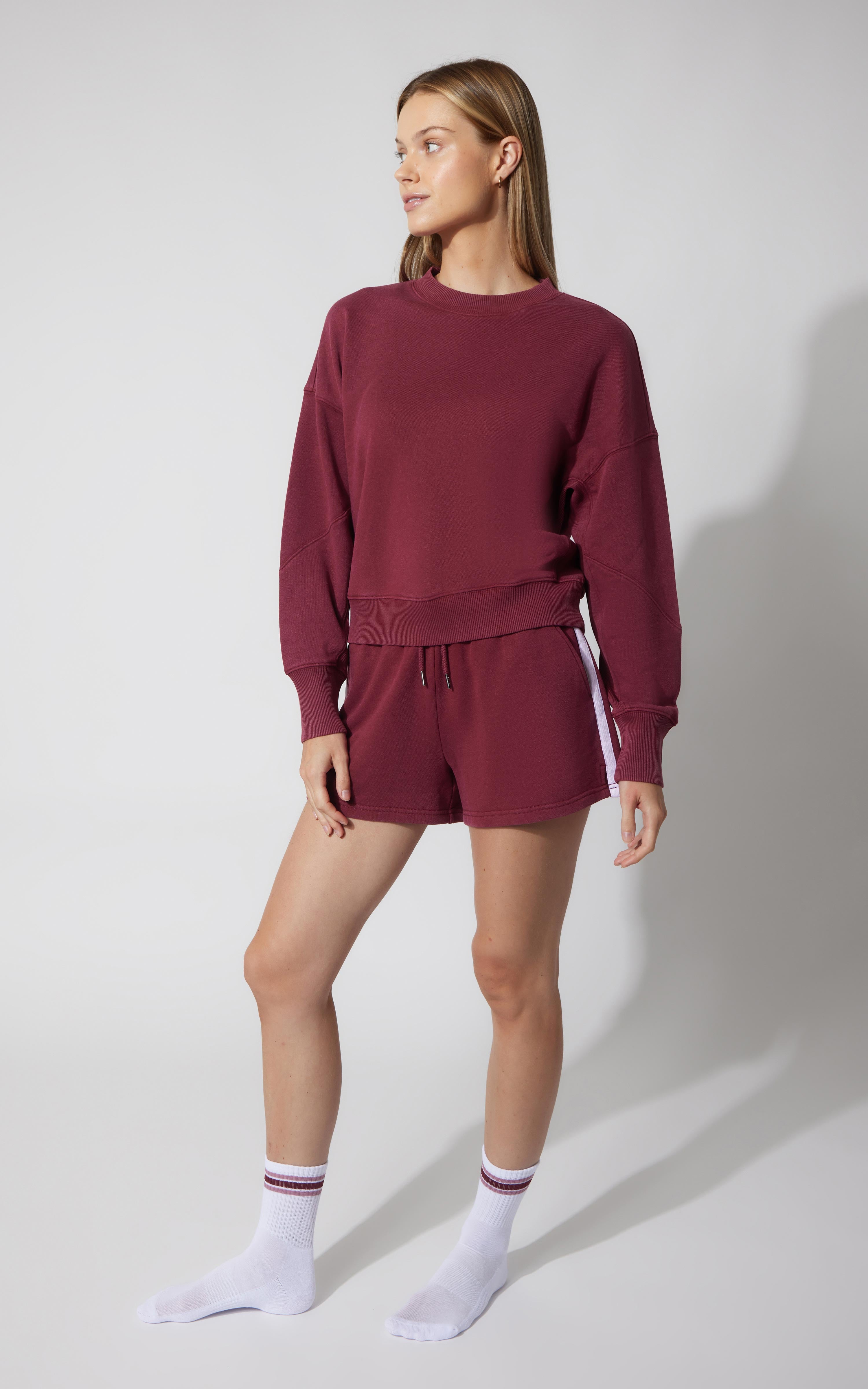 3 PC Washed Loop Terry Crew Neck Long Sleeve + High Waist Short + Sock Set