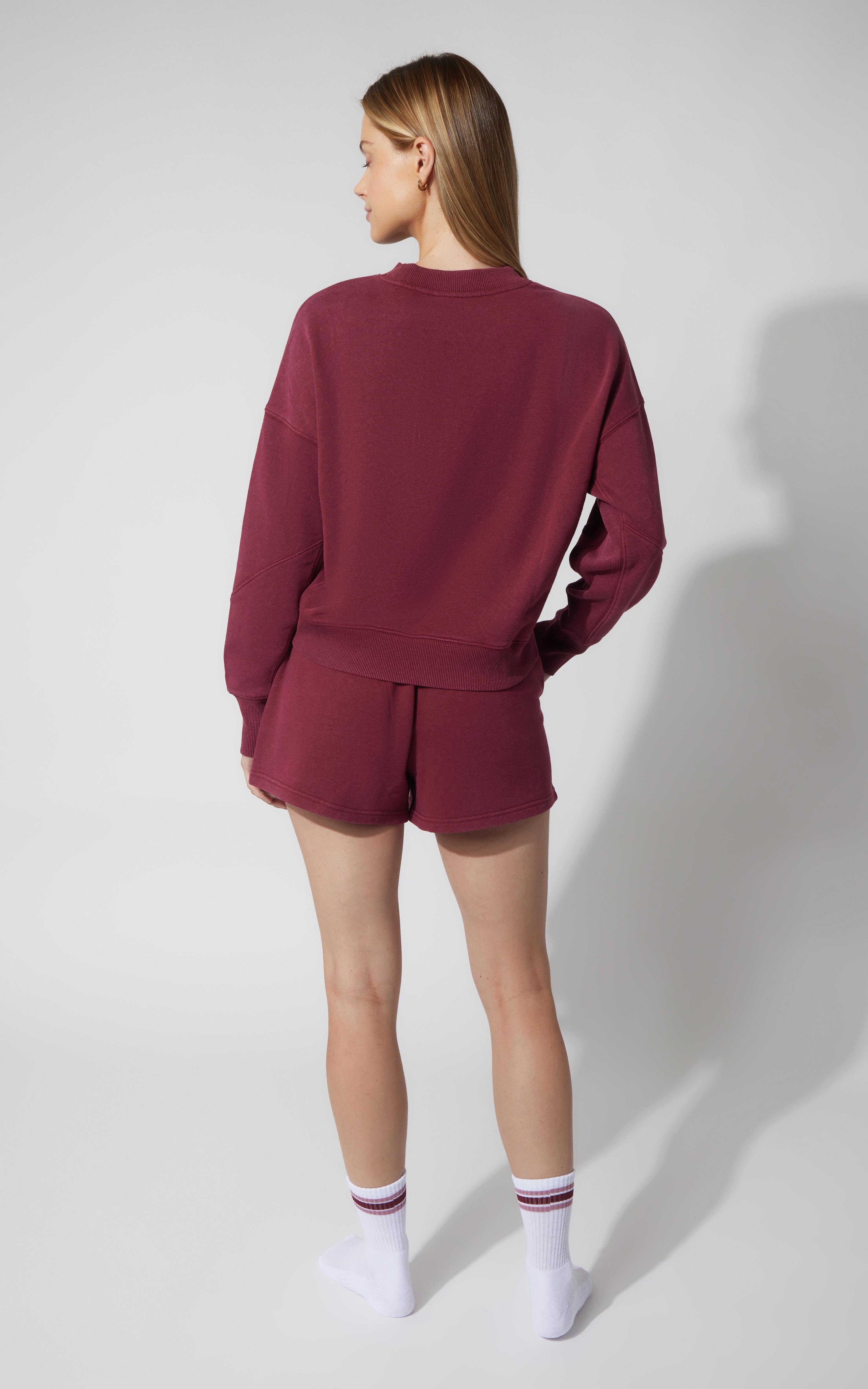 3 PC Washed Loop Terry Crew Neck Long Sleeve + High Waist Short + Sock Set