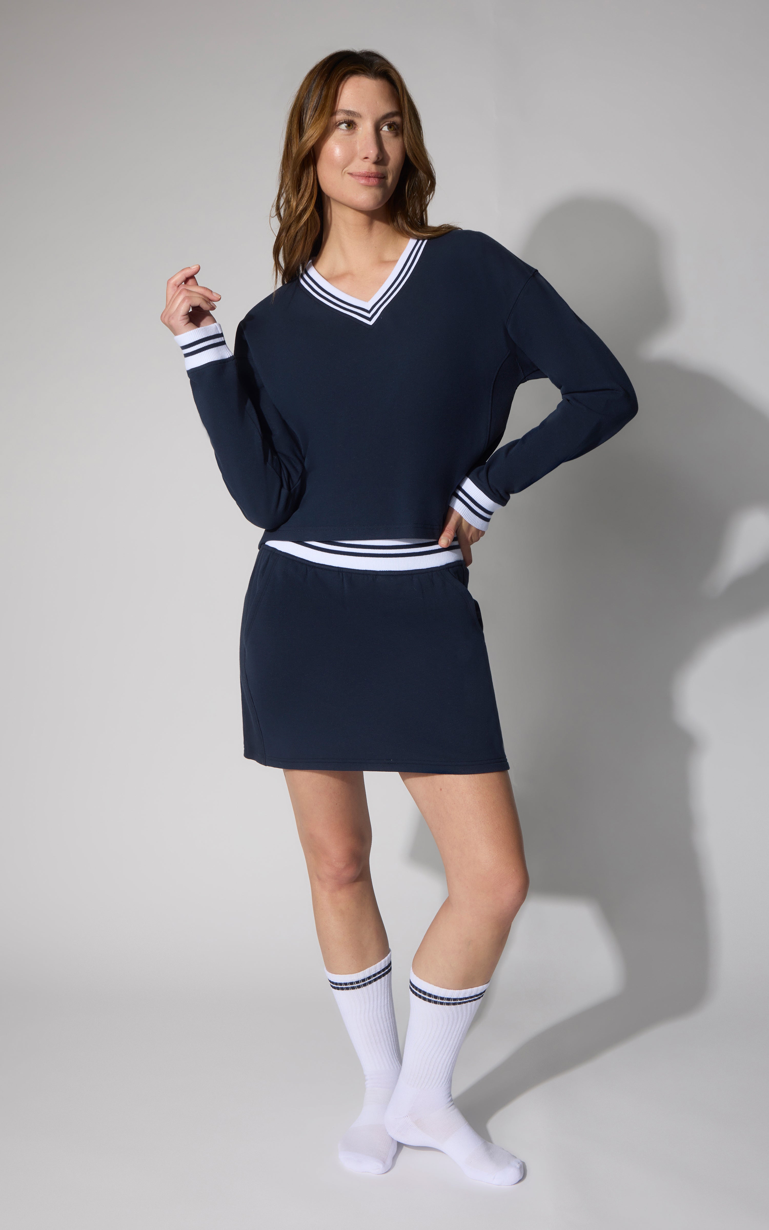 3 PC Cloud Plush V-Neck Cropped Long Sleeve Top + Skort + Socks Set