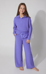 Girls 3 PC Softlite Rib Chill Quarter Zip + Wide Leg Pant + Fanny Pack Set - 90 Degree by Reflex