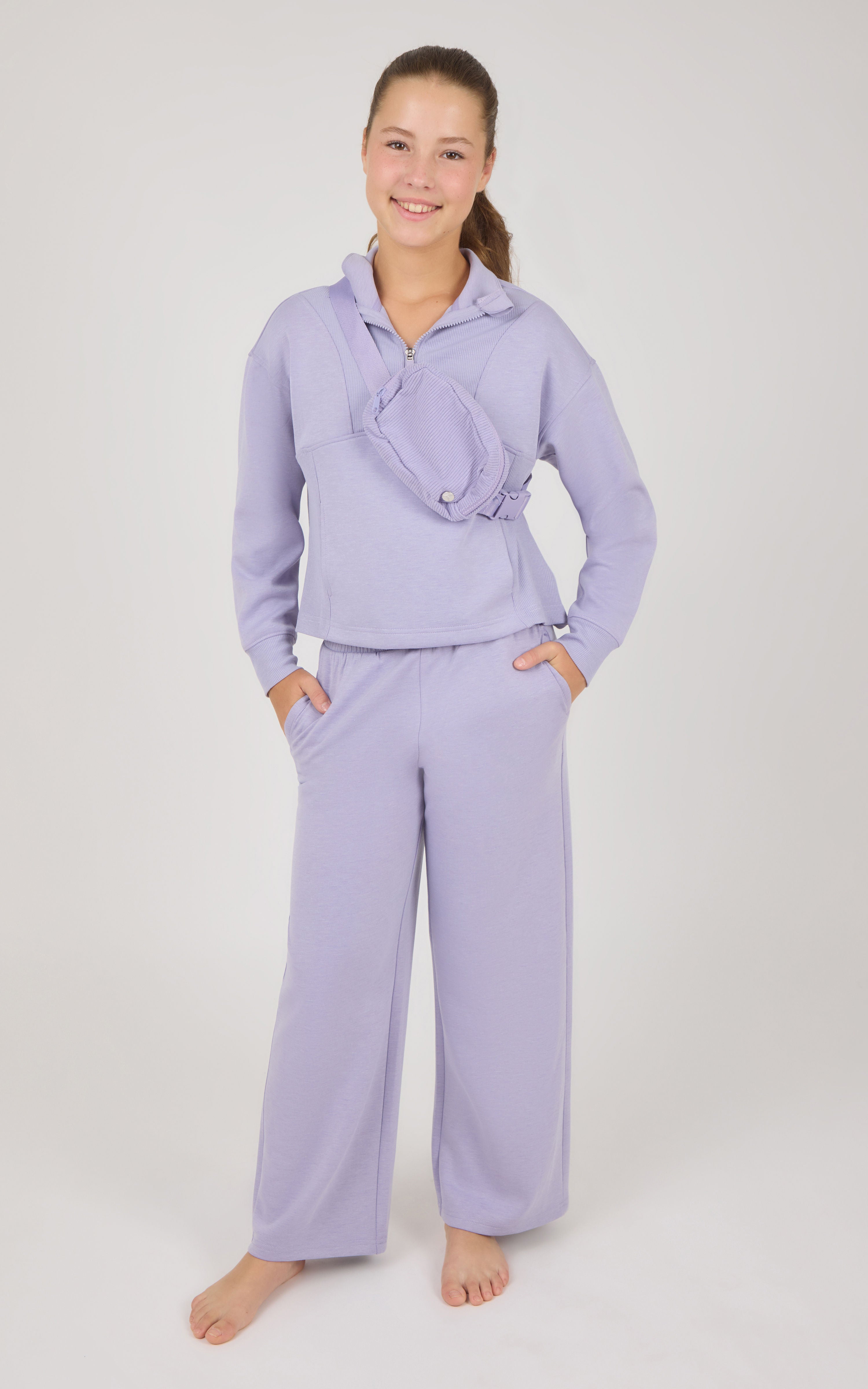 Girls 3 PC Softlite Alara Half-Zip, Noa Wide Leg Pant & Bag Set - Htr.Heirloom Lilac - 1