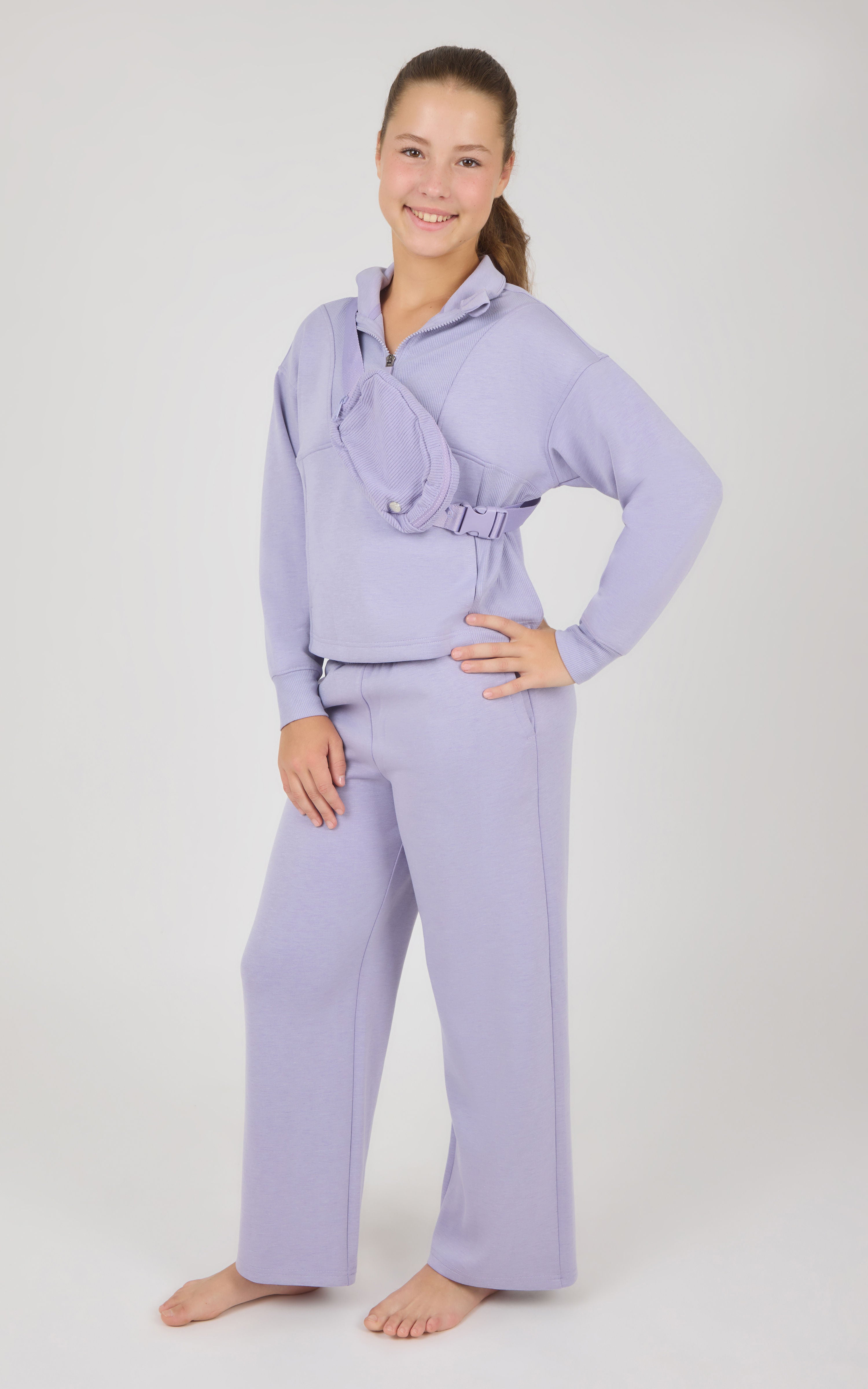 Girls 3 PC Softlite Alara Half-Zip, Noa Wide Leg Pant & Bag Set - Htr.Heirloom Lilac - 2