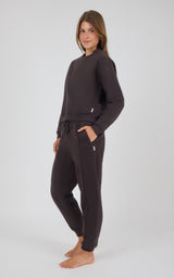 Dark coco long-sleeve pullover with matching pintuck jogger pants, casual lounge fit.