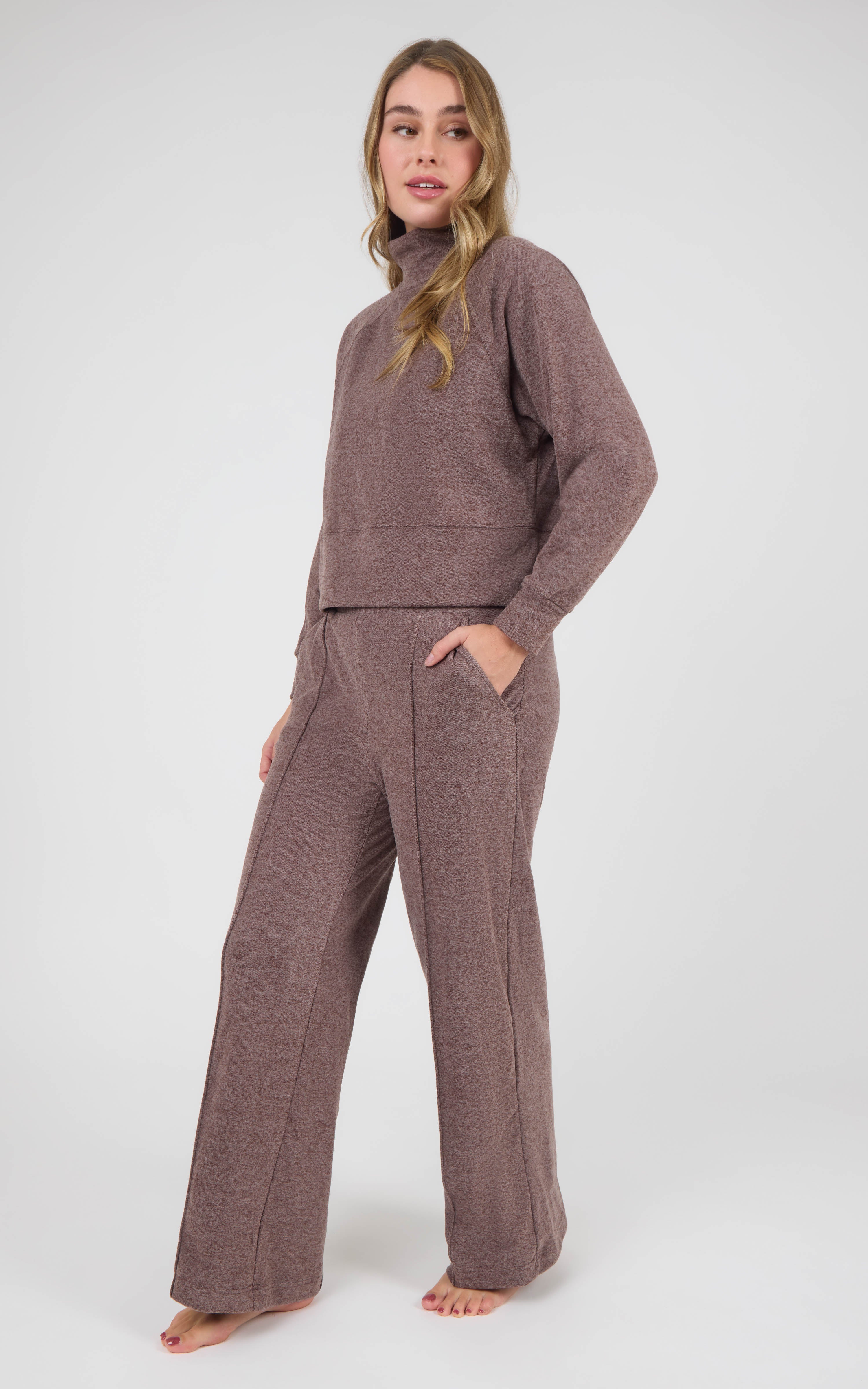 Dusty mauve marled lounge set with a long-sleeve raglan pullover and pintuck wide-leg pants.