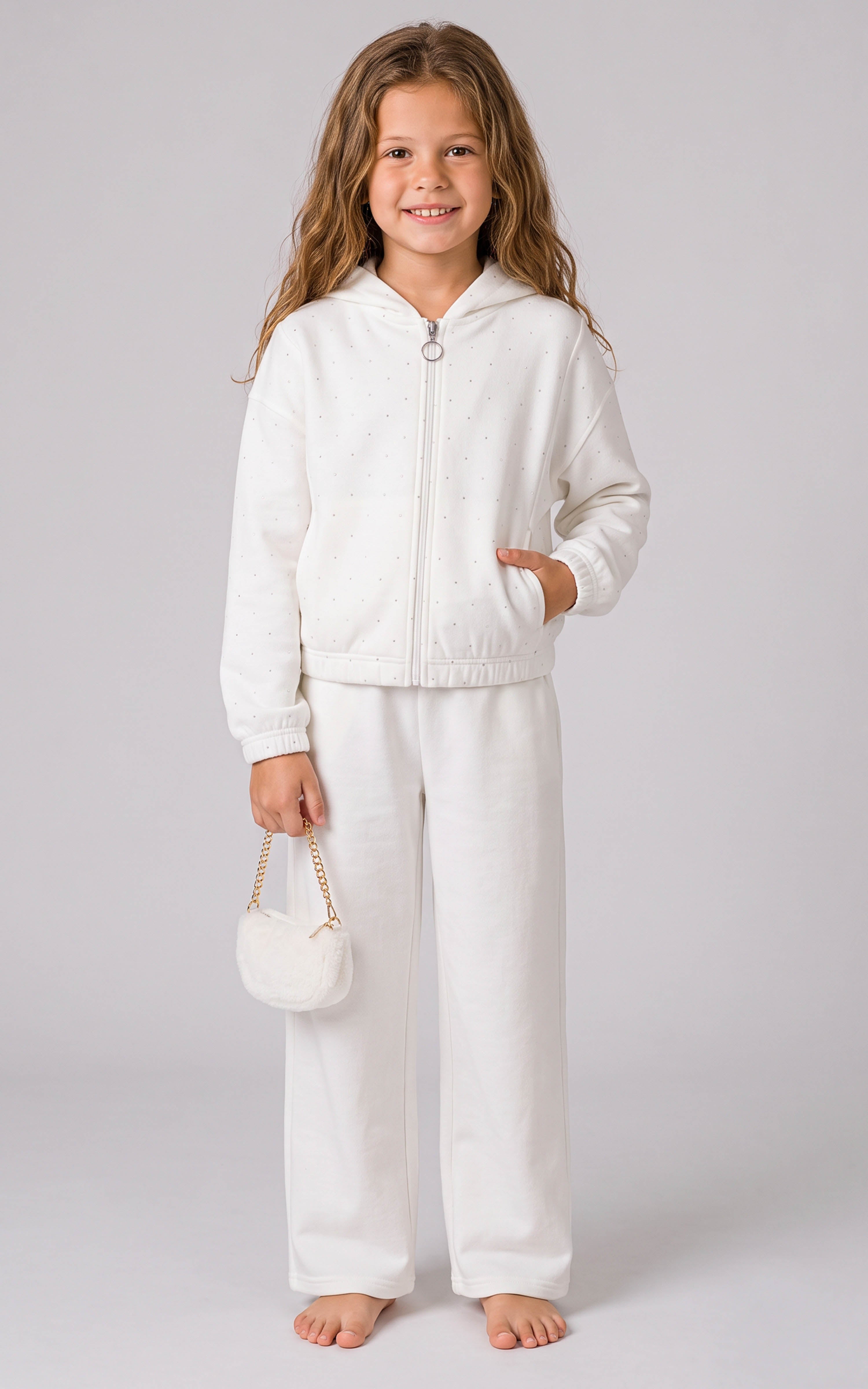 Girls Rhinestone Softlite Full Zip Alba Jacket W Hood And Wide Leg Zaria Pant W Side Pockets And Bag image