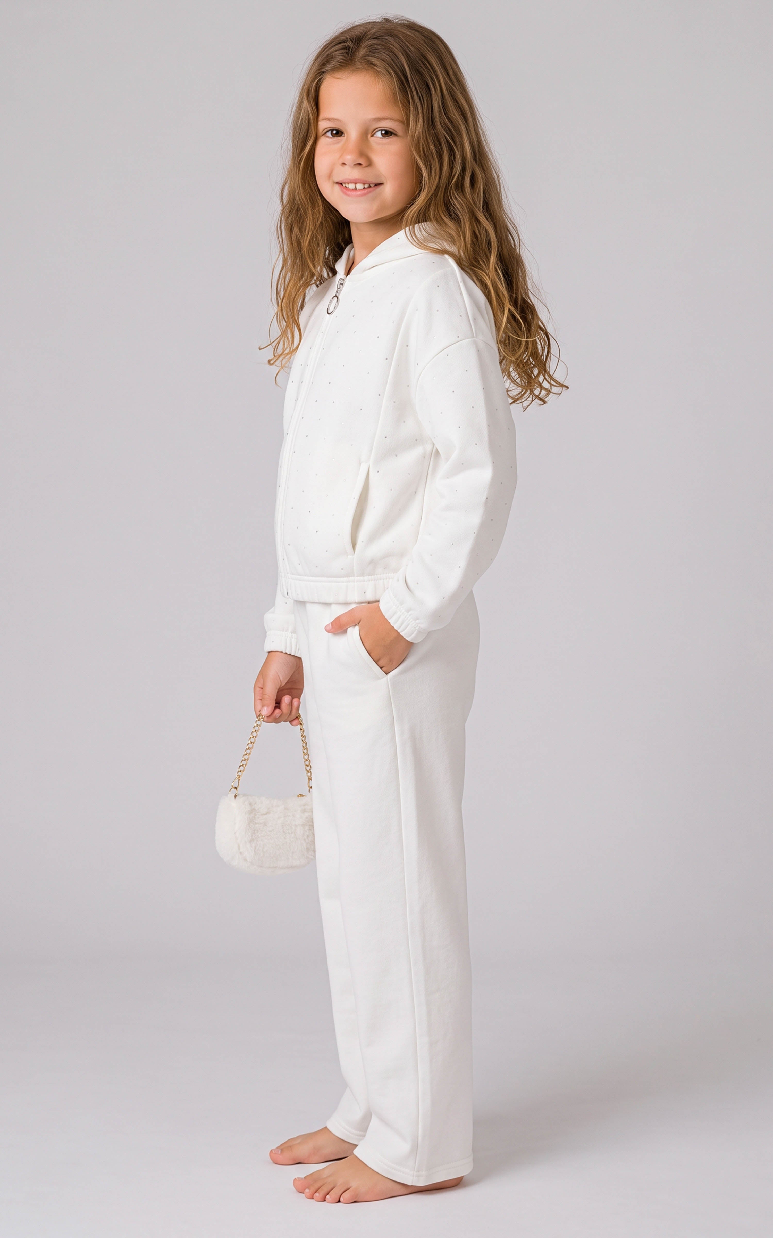 Girls Rhinestone Softlite Full Zip Alba Jacket W Hood And Wide Leg Zaria Pant W Side Pockets And Bag image