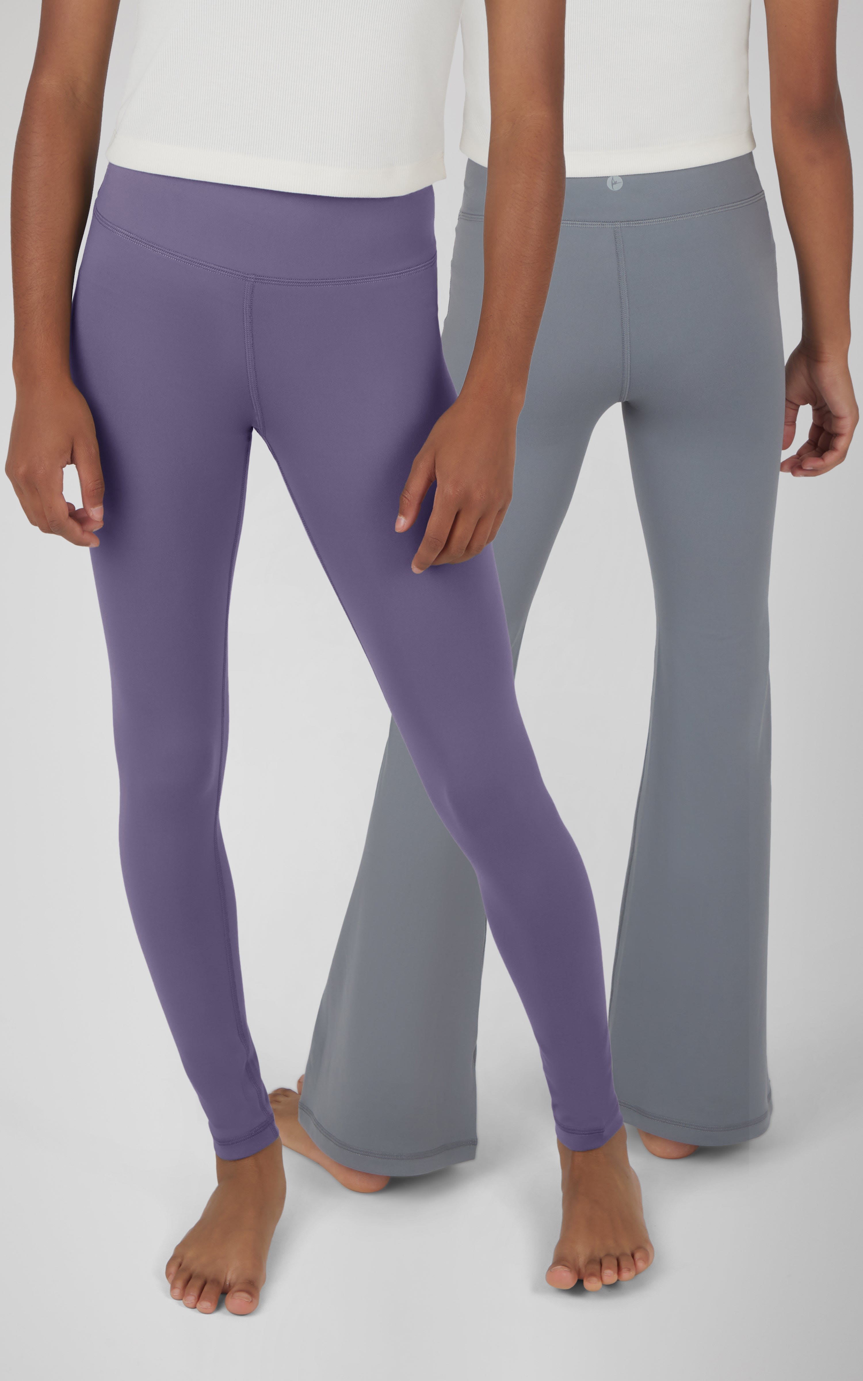 Girls' full-length purple leggings paired with light gray high-waist flared pants.