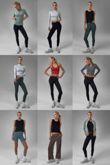 Nine models wearing various activewear styles including cropped tops, tank tops, leggings, shorts, and joggers in muted.
