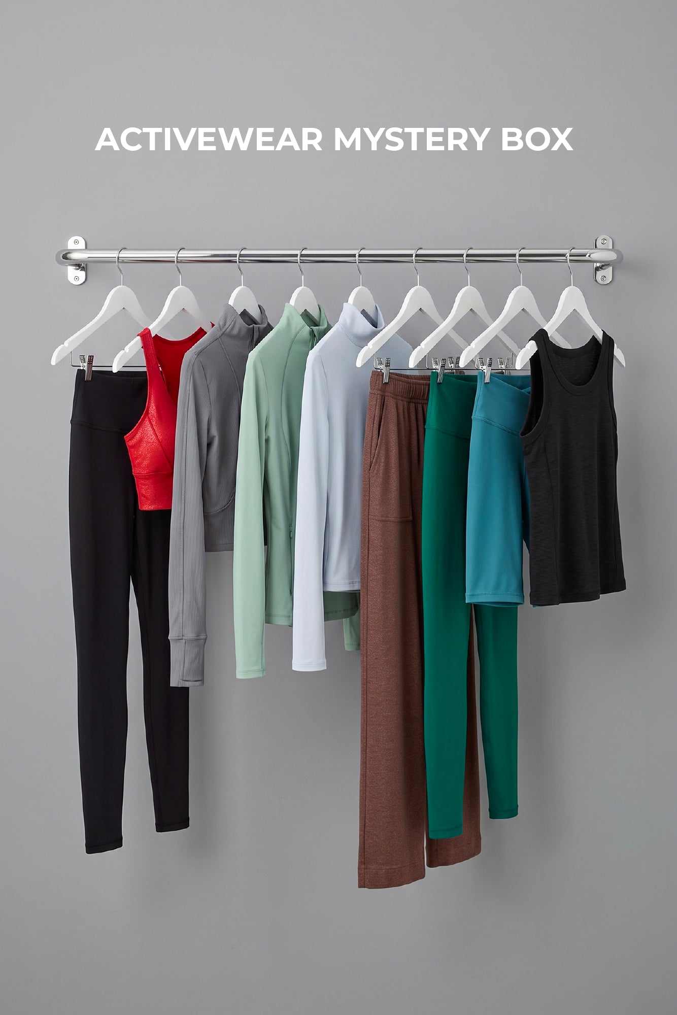 Nine-piece activewear set including black leggings, red tank, various long-sleeve tops in white, gray, teal, and black.