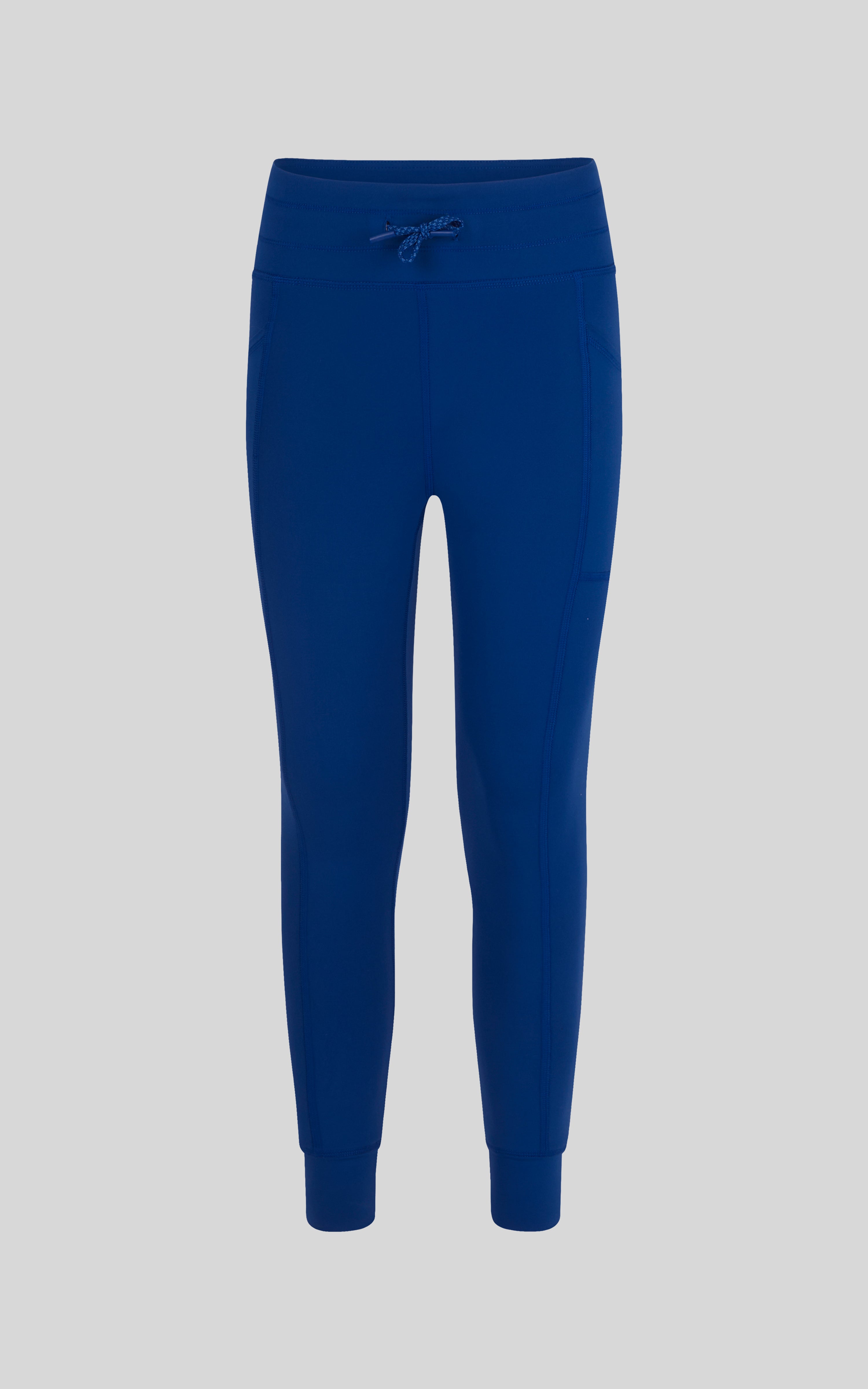 Blue quartz high waist jogger leggings for girls with tapered legs and drawstring waist.