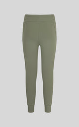 Olive green high waist jogger leggings for girls with cuffed ankles and flat waistband.