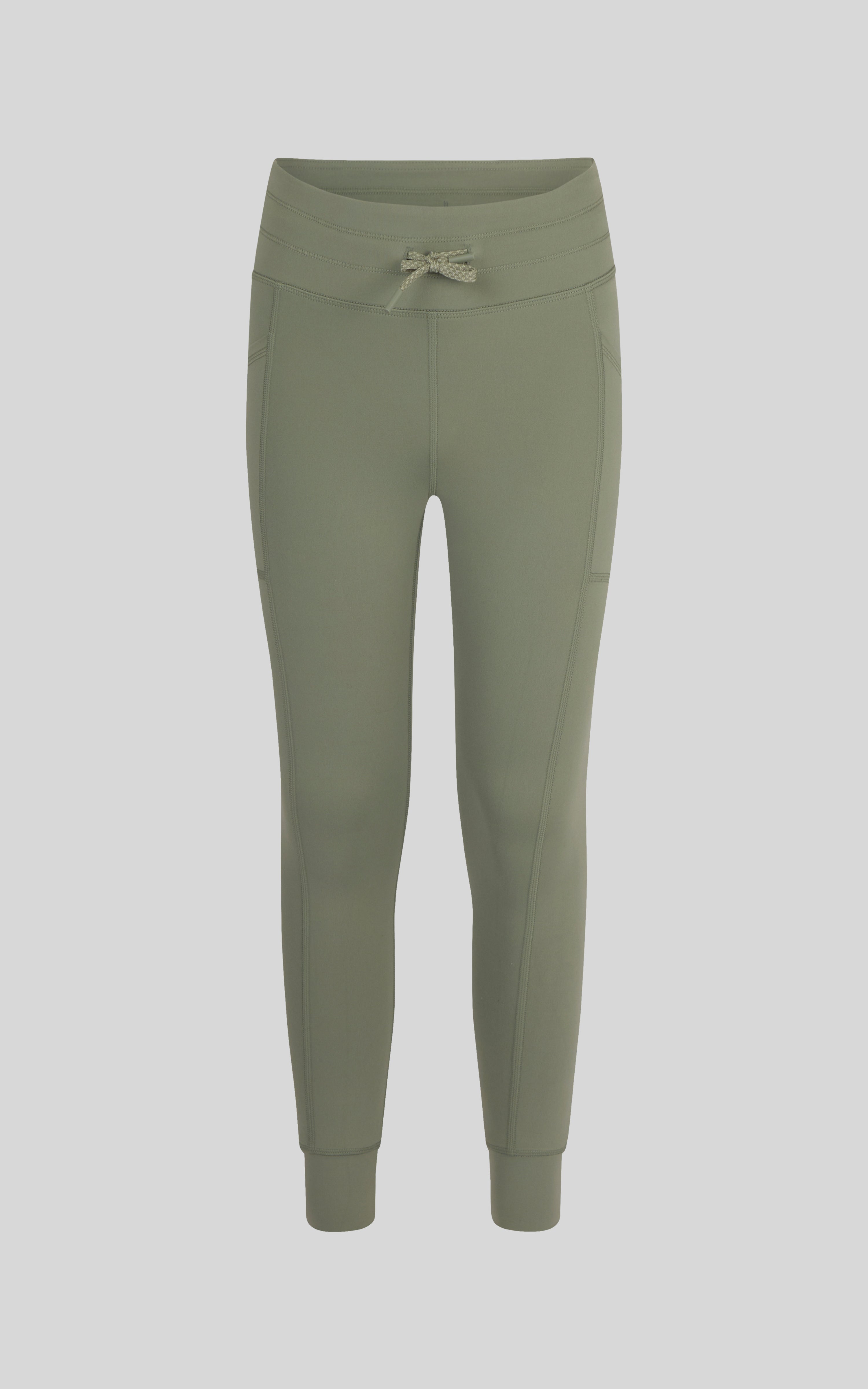Girls high waist jogger leggings in muted green with drawstring waist and ribbed ankle cuffs.