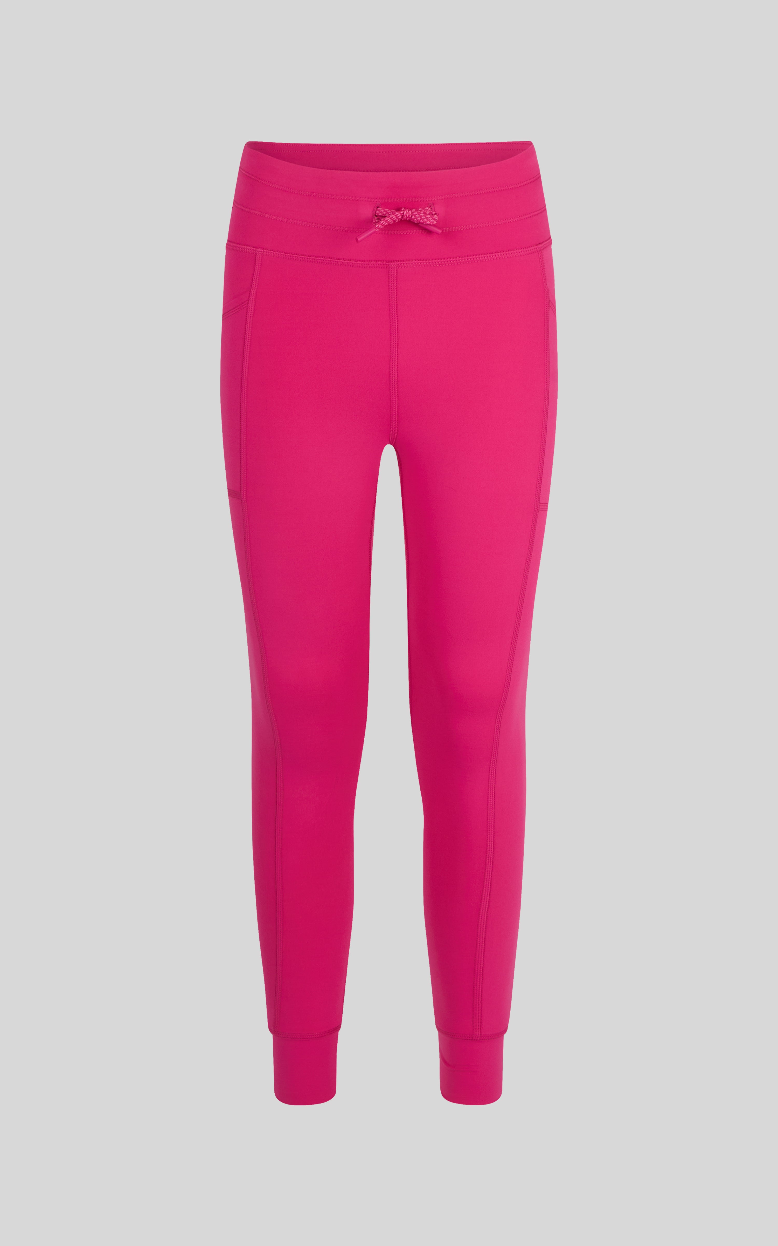 Girls high waist jogger leggings in vibrant raspberry rose with adjustable drawstring and cuffed ankles.