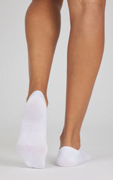 White no-show socks with low-cut, U-shaped openings worn on both feet, barely visible above the shoes.