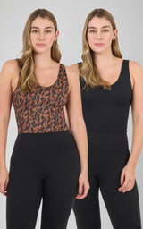 A blue and brown animal print and a solid black cropped top.