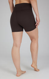Black 5-inch biker shorts with high waistband on model from back view.