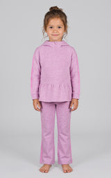 Girls lavender 3-piece set with confetti half-zip pullover, flared pants, and matching coin purse.
