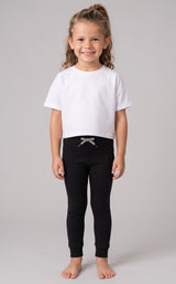 Black high waist jogger leggings for girls with a grey bow detail at the waist.