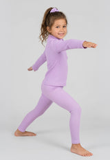 Little girls lavender 3-piece set with long sleeve half zip top, leggings, and matching scrunchie.