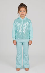 Light blue toddler girls two-piece set with a zip-up pullover featuring white snowflake patterns and matching flared pants.