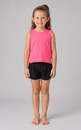 Girls cropped tank tops in bright pink and black, sleeveless with round necklines.