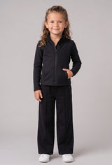 Black fleece-lined girls jacket with front zipper and pockets, paired with matching black pants.