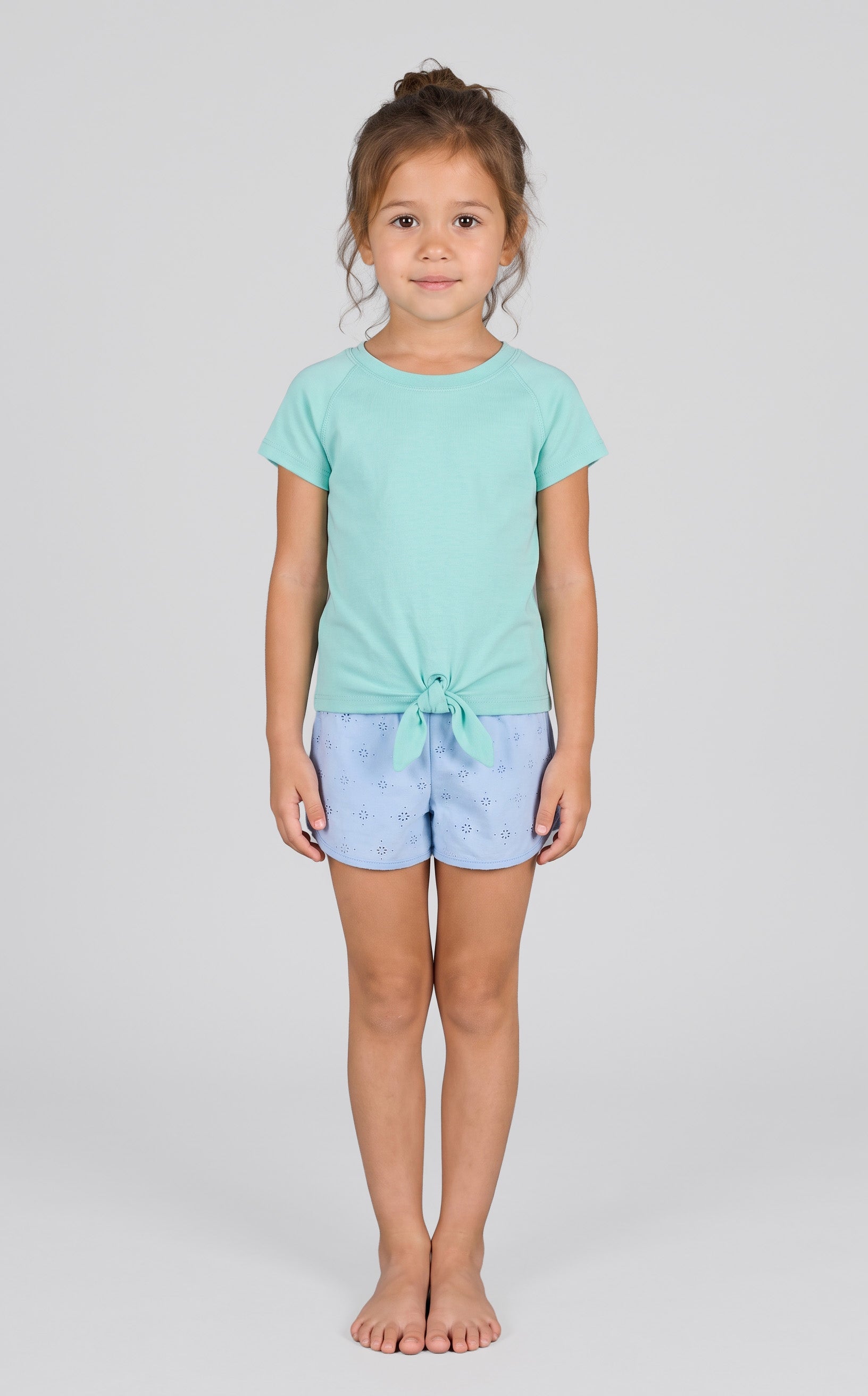 Toddler girls' two-piece set with a short-sleeve aqua tee tied at the waist and light blue running shorts with an elastic.